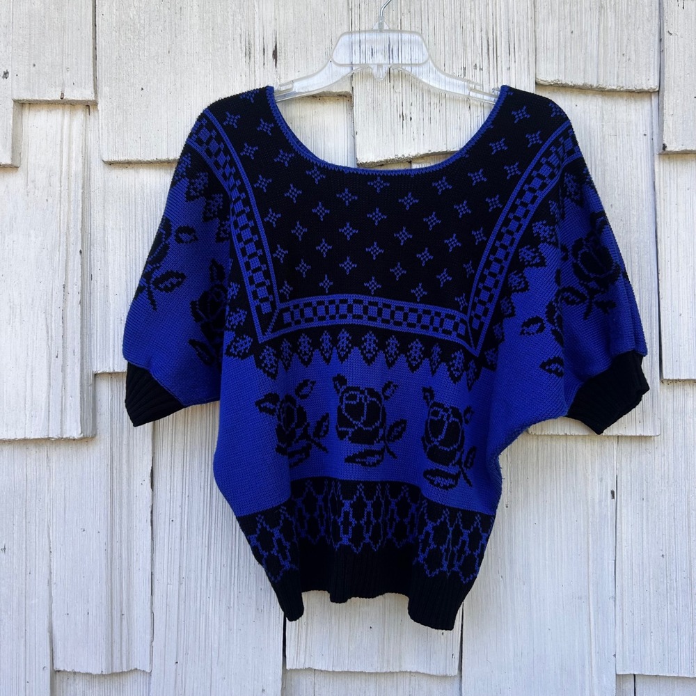 Womens Vintage Blue Black Rose Knit Sweater Dolman Sleeve M - Picture 2 of 6